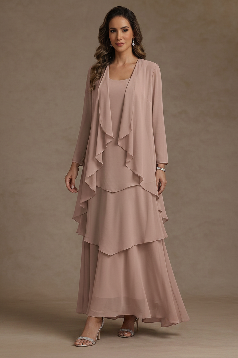 A-Line/Princess Scoop Chiffon Mother of the Bride Dresses with Jacket & Ruffles Long Sleeves Ankle-Length
