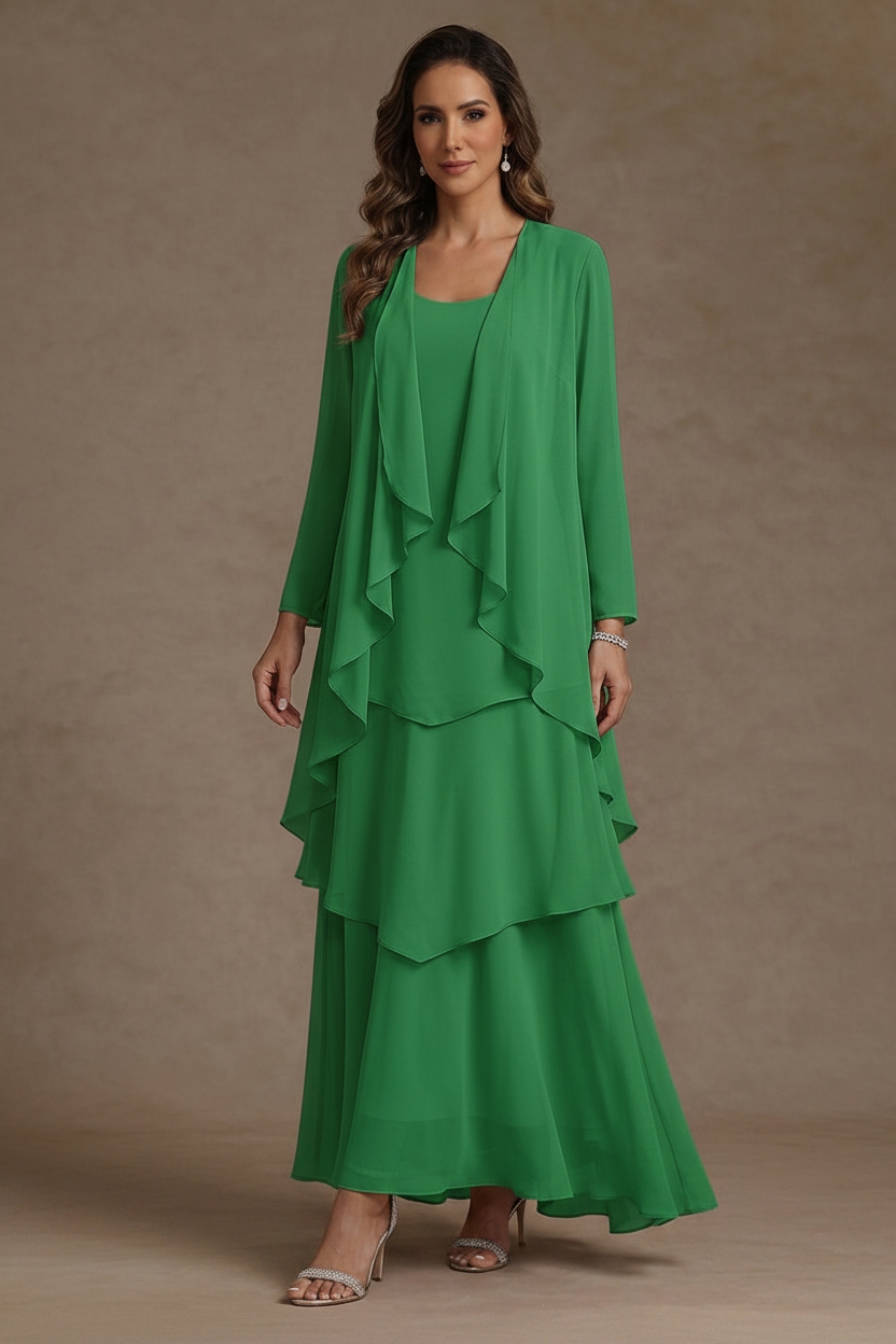 A-Line/Princess Scoop Chiffon Mother of the Bride Dresses with Jacket & Ruffles Long Sleeves Ankle-Length