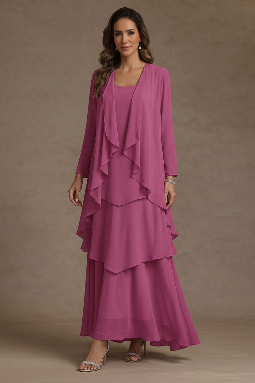 A-Line/Princess Scoop Chiffon Mother of the Bride Dresses with Jacket & Ruffles Long Sleeves Ankle-Length