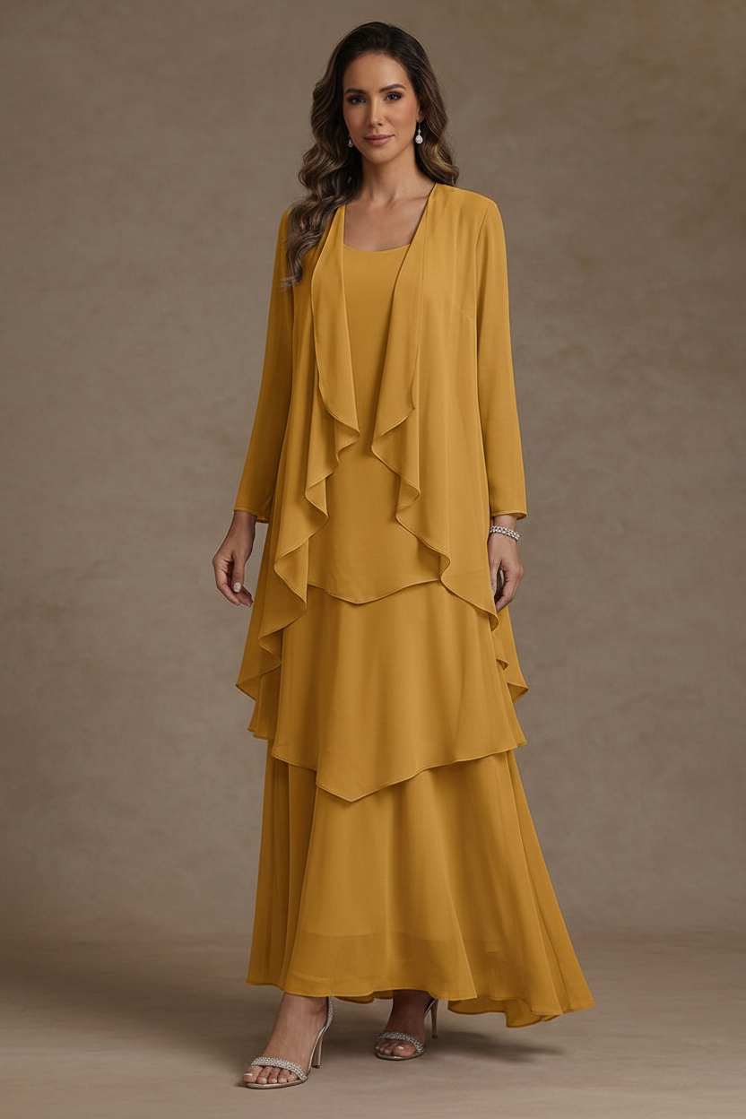 A-Line/Princess Scoop Chiffon Mother of the Bride Dresses with Jacket & Ruffles Long Sleeves Ankle-Length