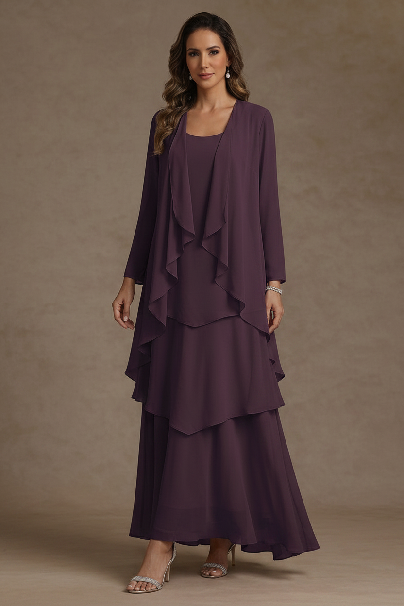 A-Line/Princess Scoop Chiffon Mother of the Bride Dresses with Jacket & Ruffles Long Sleeves Ankle-Length