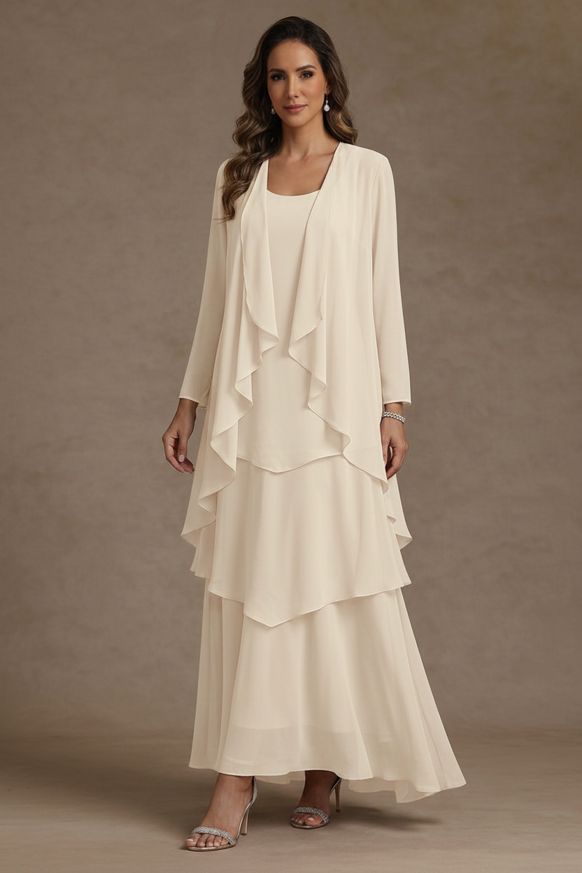 A-Line/Princess Scoop Chiffon Mother of the Bride Dresses with Jacket & Ruffles Long Sleeves Ankle-Length