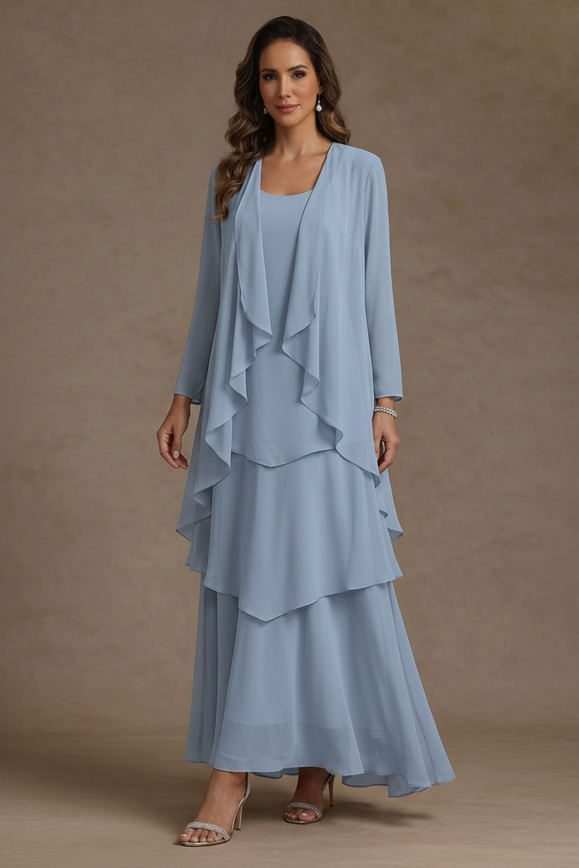 A-Line/Princess Scoop Chiffon Mother of the Bride Dresses with Jacket & Ruffles Long Sleeves Ankle-Length