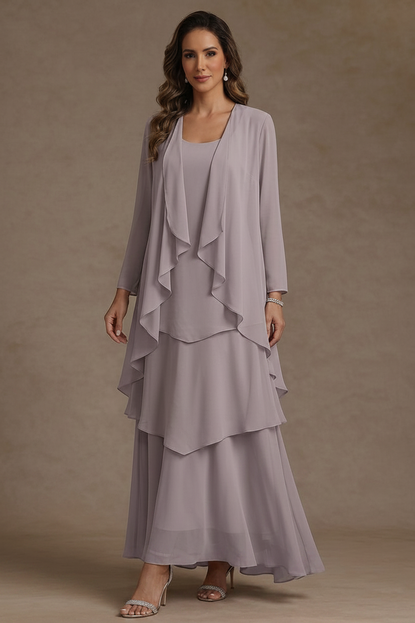 A-Line/Princess Scoop Chiffon Mother of the Bride Dresses with Jacket & Ruffles Long Sleeves Ankle-Length