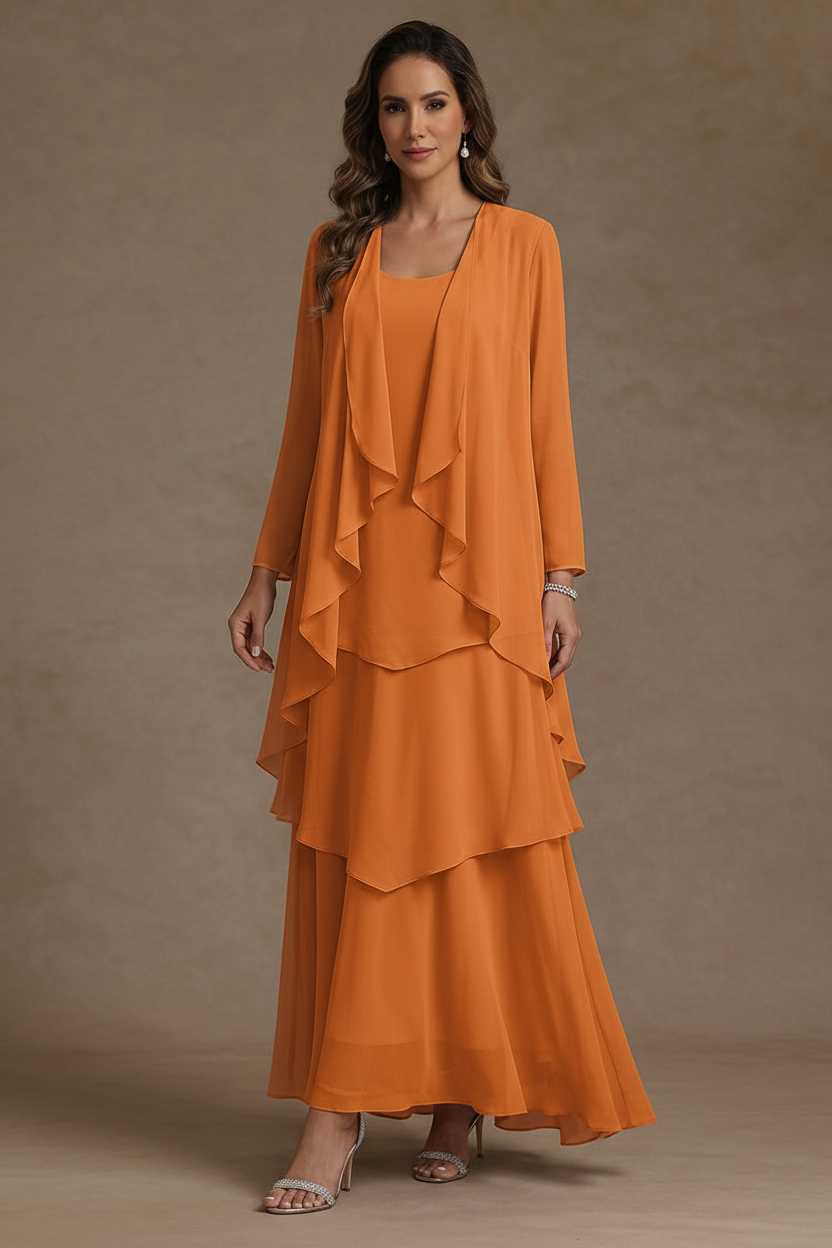 A-Line/Princess Scoop Chiffon Mother of the Bride Dresses with Jacket & Ruffles Long Sleeves Ankle-Length