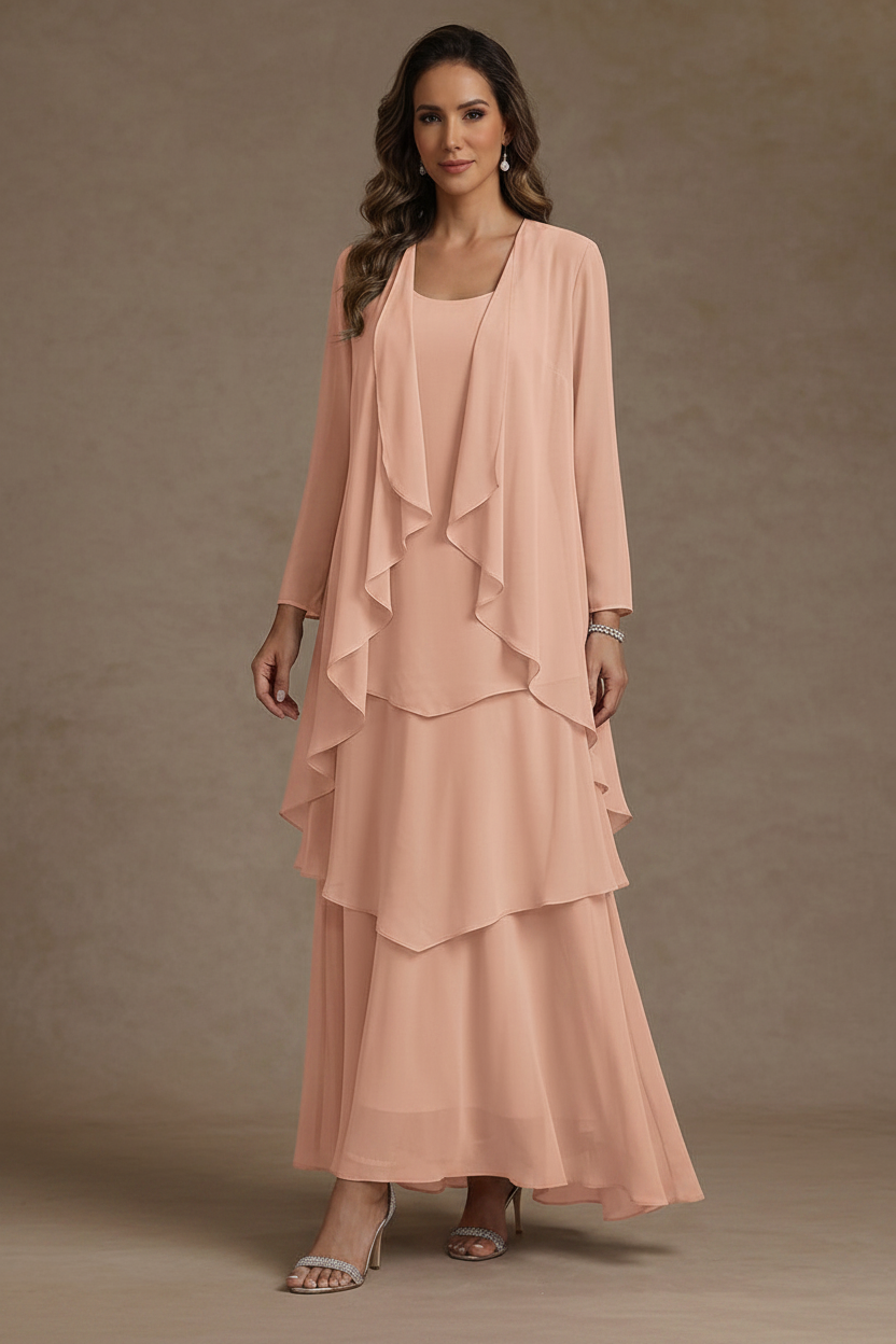 A-Line/Princess Scoop Chiffon Mother of the Bride Dresses with Jacket & Ruffles Long Sleeves Ankle-Length