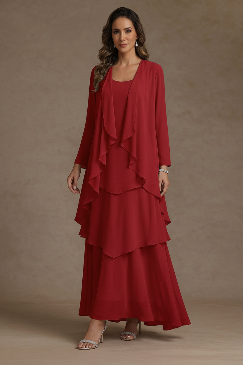 A-Line/Princess Scoop Chiffon Mother of the Bride Dresses with Jacket & Ruffles Long Sleeves Ankle-Length