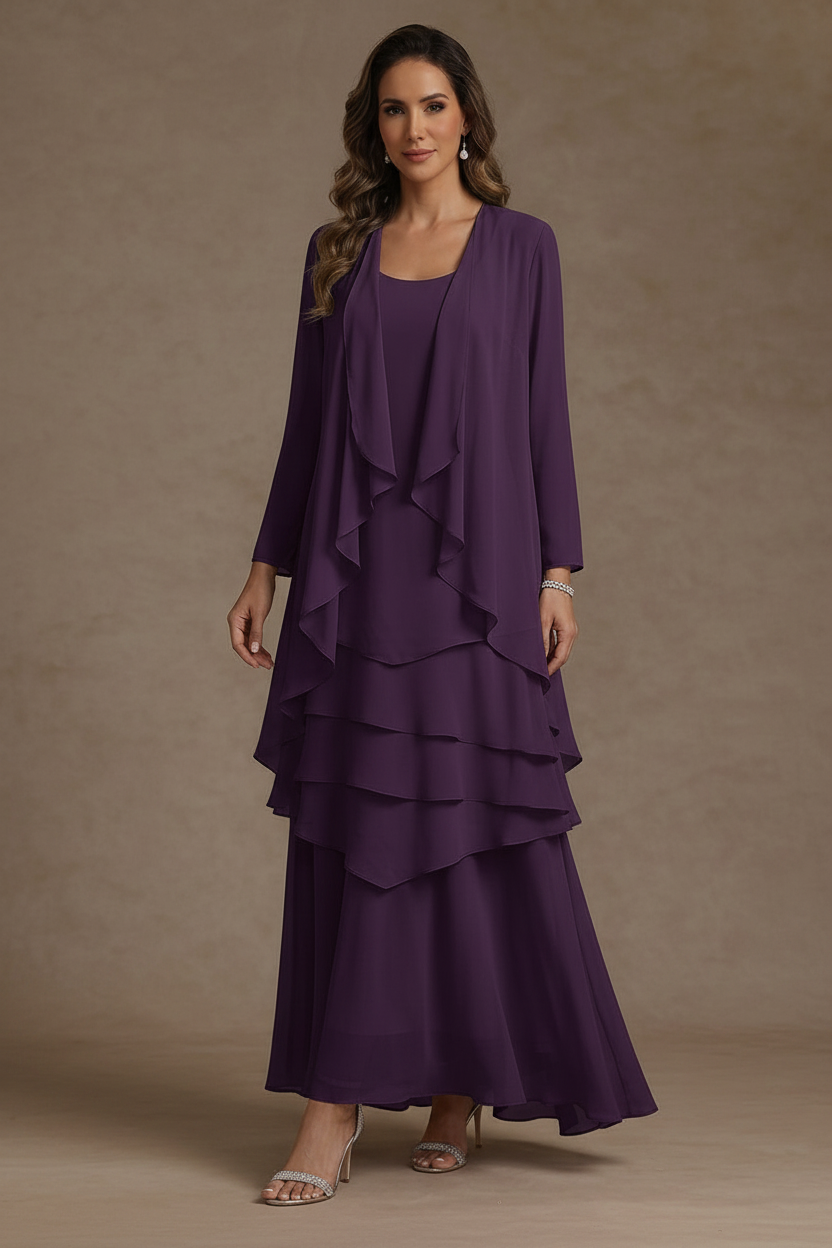 A-Line/Princess Scoop Chiffon Mother of the Bride Dresses with Jacket & Ruffles Long Sleeves Ankle-Length