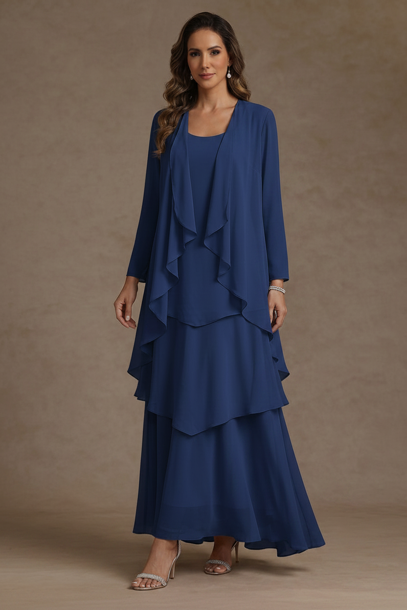 A-Line/Princess Scoop Chiffon Mother of the Bride Dresses with Jacket & Ruffles Long Sleeves Ankle-Length