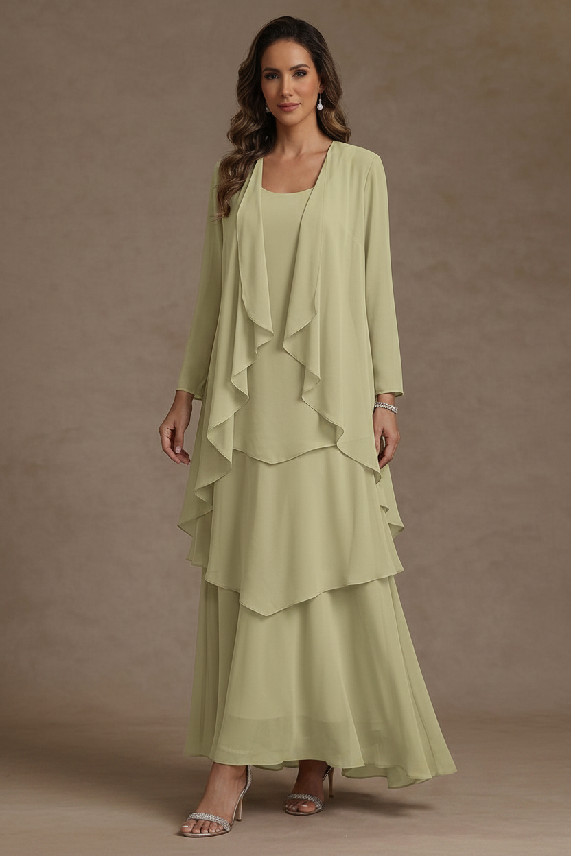 A-Line/Princess Scoop Chiffon Mother of the Bride Dresses with Jacket & Ruffles Long Sleeves Ankle-Length