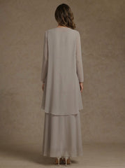 A-Line/Princess Scoop Chiffon Mother of the Bride Dresses with Jacket & Ruffles Long Sleeves Ankle-Length