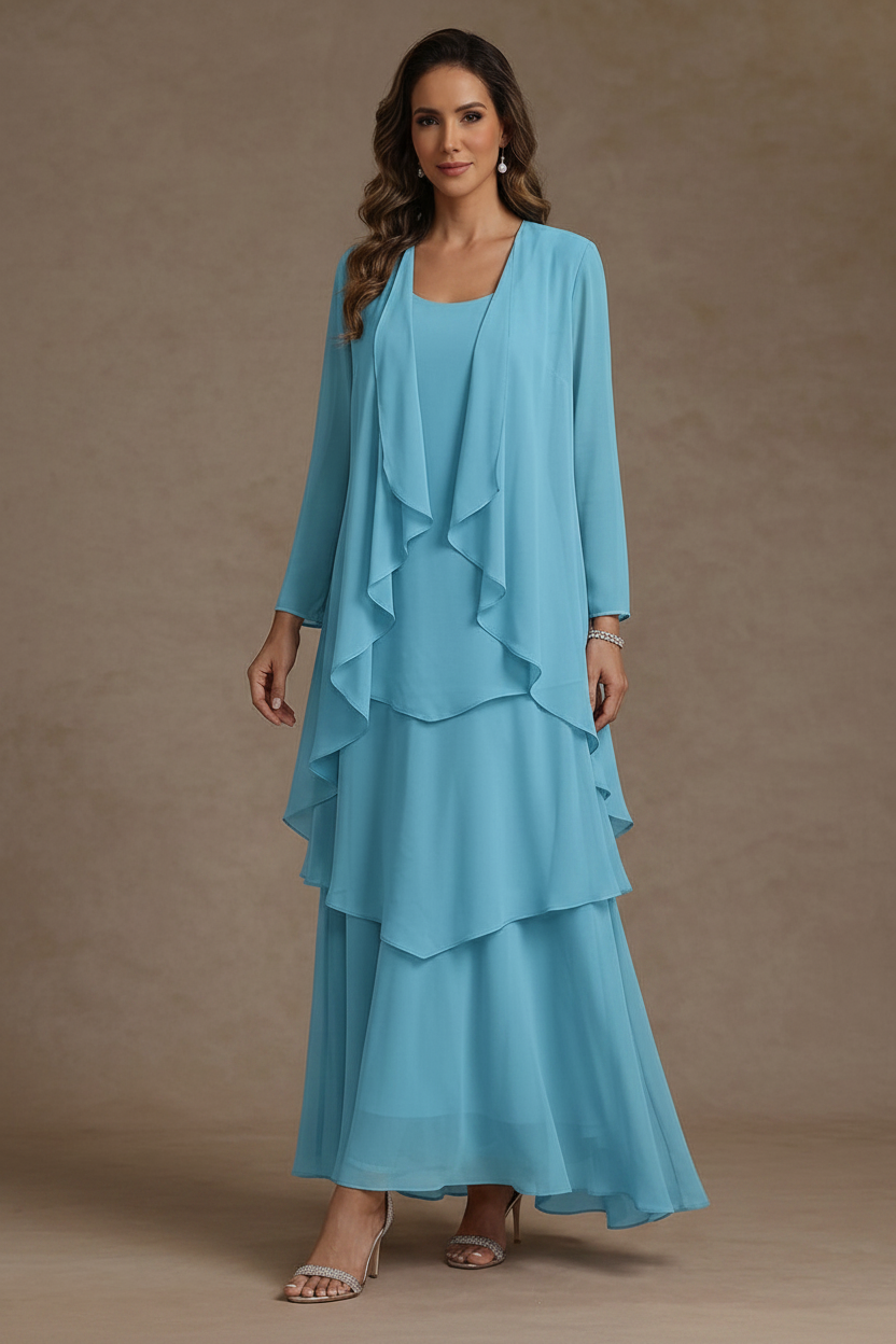 A-Line/Princess Scoop Chiffon Mother of the Bride Dresses with Jacket & Ruffles Long Sleeves Ankle-Length