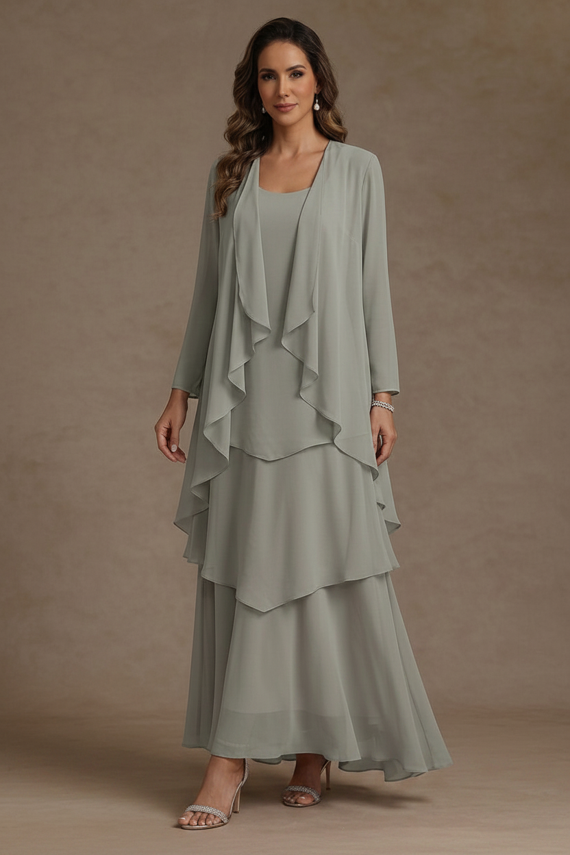 A-Line/Princess Scoop Chiffon Mother of the Bride Dresses with Jacket & Ruffles Long Sleeves Ankle-Length