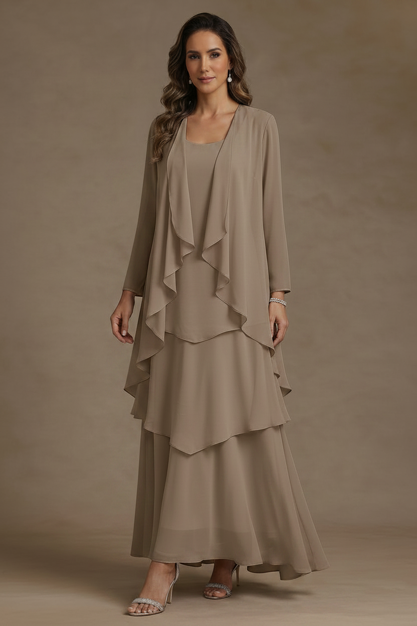 A-Line/Princess Scoop Chiffon Mother of the Bride Dresses with Jacket & Ruffles Long Sleeves Ankle-Length