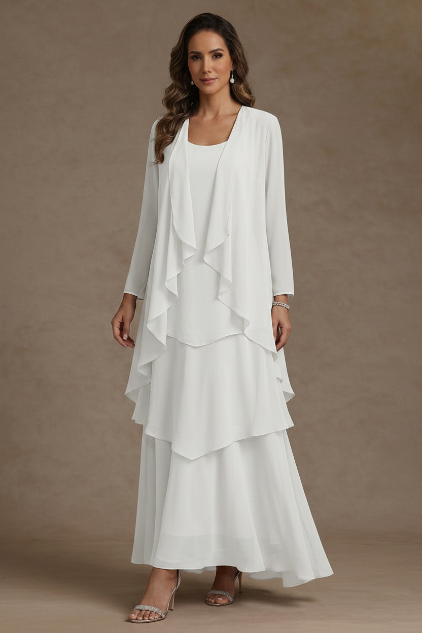 A-Line/Princess Scoop Chiffon Mother of the Bride Dresses with Jacket & Ruffles Long Sleeves Ankle-Length