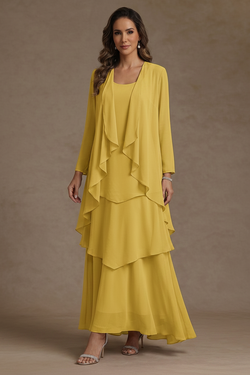 A-Line/Princess Scoop Chiffon Mother of the Bride Dresses with Jacket & Ruffles Long Sleeves Ankle-Length