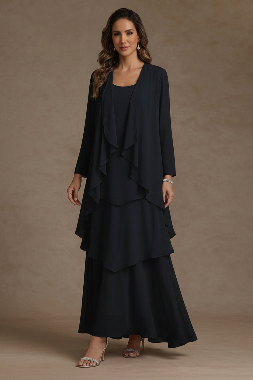 A-Line/Princess Scoop Chiffon Mother of the Bride Dresses with Jacket & Ruffles Long Sleeves Ankle-Length
