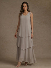 A-Line/Princess Scoop Chiffon Mother of the Bride Dresses with Jacket & Ruffles Long Sleeves Ankle-Length