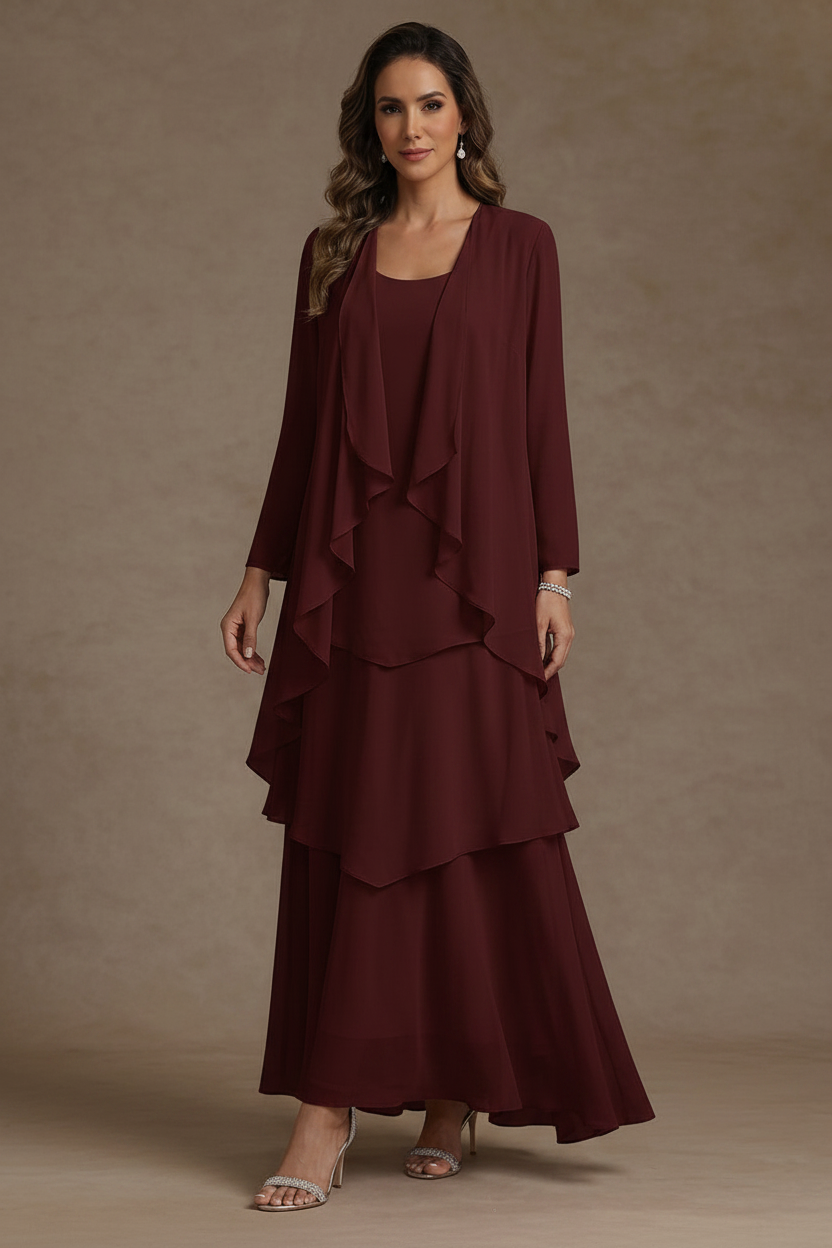A-Line/Princess Scoop Chiffon Mother of the Bride Dresses with Jacket & Ruffles Long Sleeves Ankle-Length