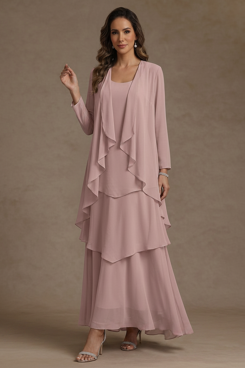 A-Line/Princess Scoop Chiffon Mother of the Bride Dresses with Jacket & Ruffles Long Sleeves Ankle-Length