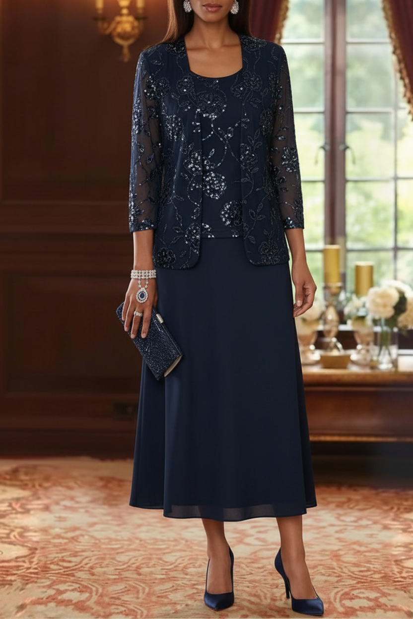 A-Line/Princess Scoop Chiffon Mother of the Bride Dresses with Jacket Sequins Tea-Length 3/4 Sleeves Floral