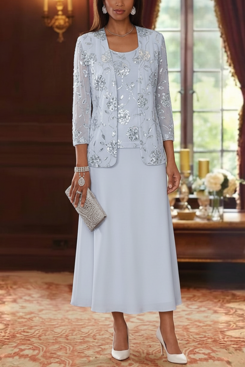 A-Line/Princess Scoop Chiffon Mother of the Bride Dresses with Jacket Sequins Tea-Length 3/4 Sleeves Floral