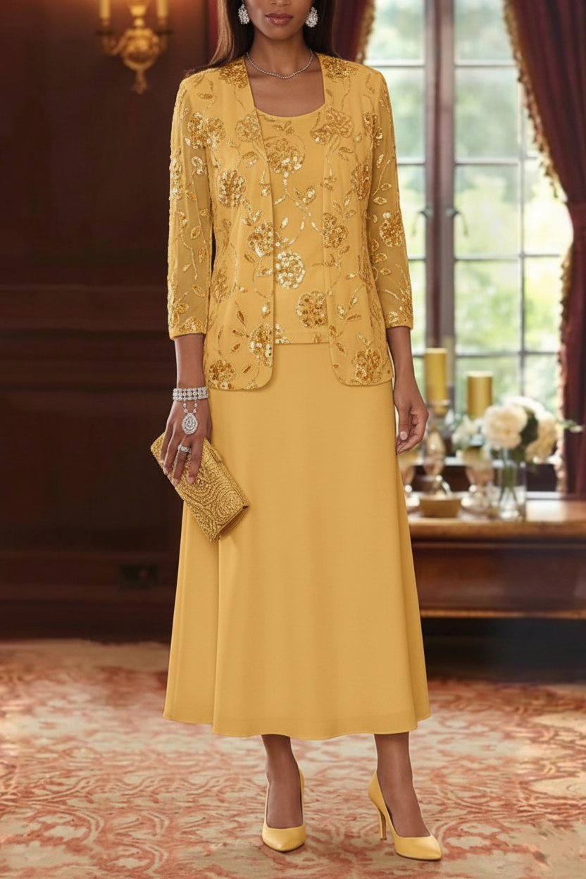 A-Line/Princess Scoop Chiffon Mother of the Bride Dresses with Jacket Sequins Tea-Length 3/4 Sleeves Floral
