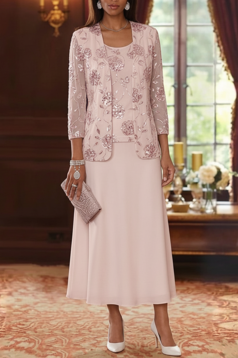 A-Line/Princess Scoop Chiffon Mother of the Bride Dresses with Jacket Sequins Tea-Length 3/4 Sleeves Floral