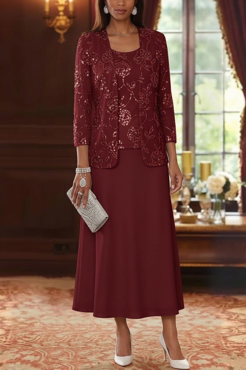 A-Line/Princess Scoop Chiffon Mother of the Bride Dresses with Jacket Sequins Tea-Length 3/4 Sleeves Floral