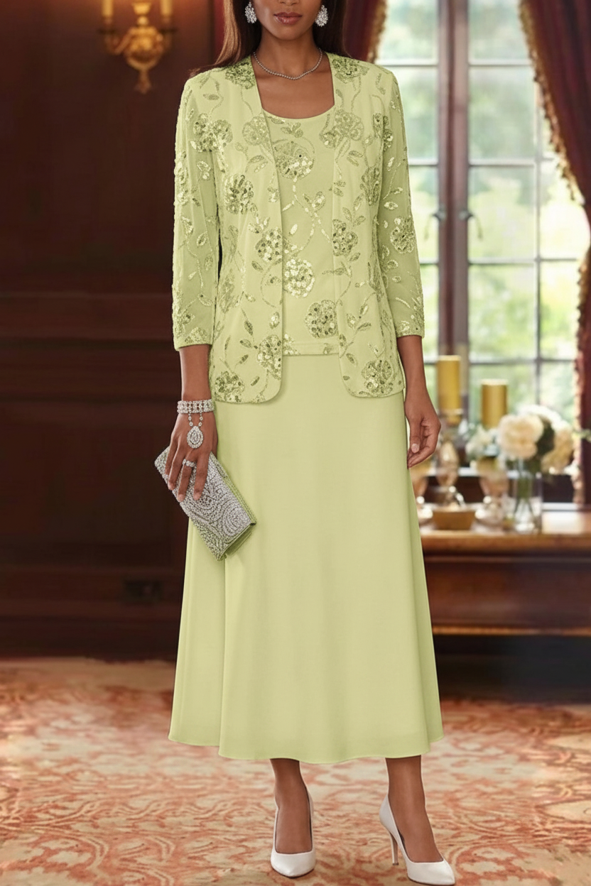 A-Line/Princess Scoop Chiffon Mother of the Bride Dresses with Jacket Sequins Tea-Length 3/4 Sleeves Floral