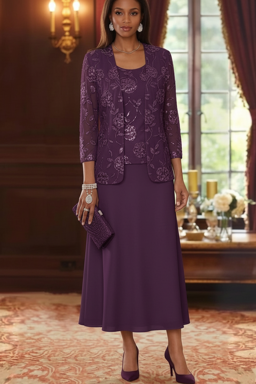 A-Line/Princess Scoop Chiffon Mother of the Bride Dresses with Jacket Sequins Tea-Length 3/4 Sleeves Floral
