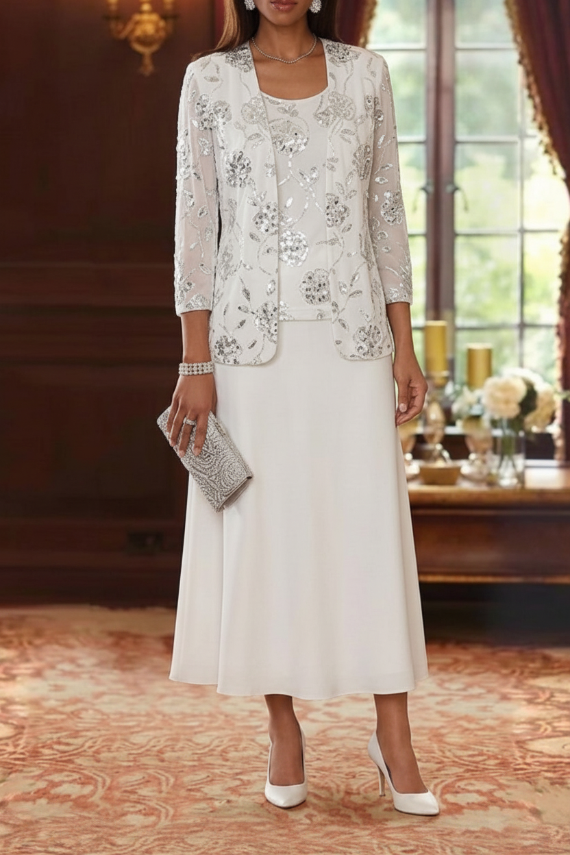 A-Line/Princess Scoop Chiffon Mother of the Bride Dresses with Jacket Sequins Tea-Length 3/4 Sleeves Floral