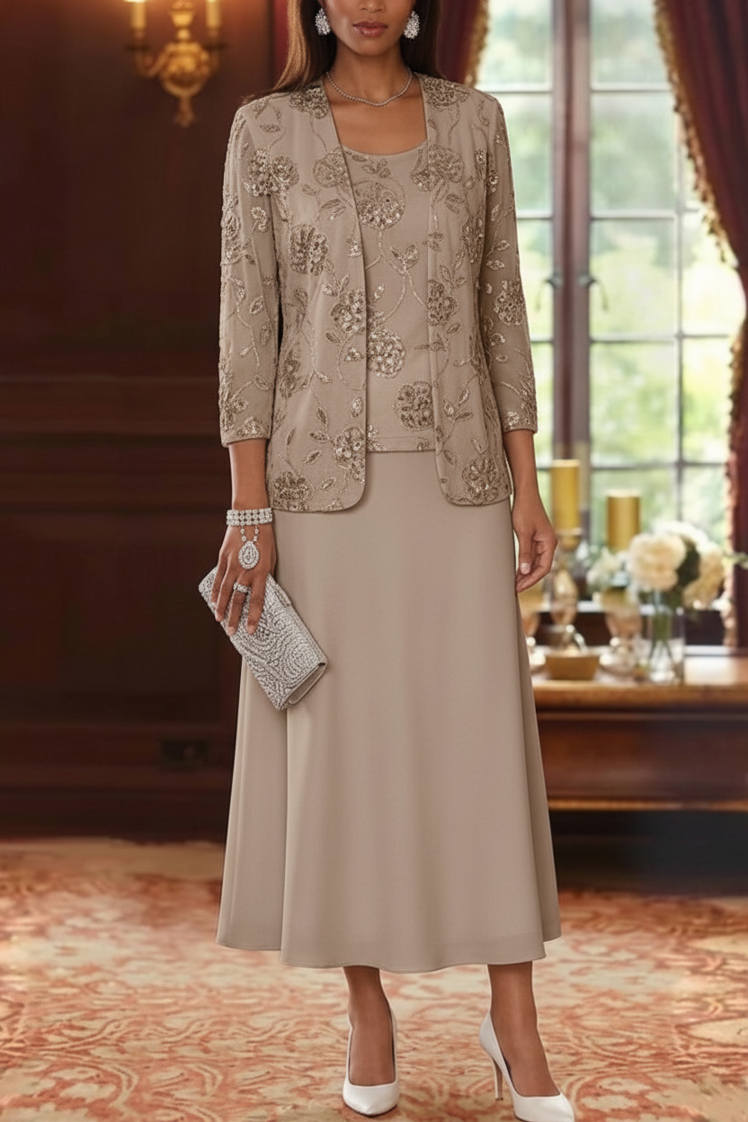 A-Line/Princess Scoop Chiffon Mother of the Bride Dresses with Jacket Sequins Tea-Length 3/4 Sleeves Floral