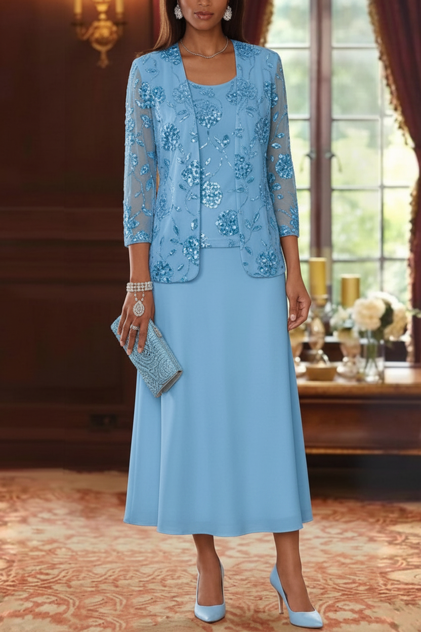 A-Line/Princess Scoop Chiffon Mother of the Bride Dresses with Jacket Sequins Tea-Length 3/4 Sleeves Floral