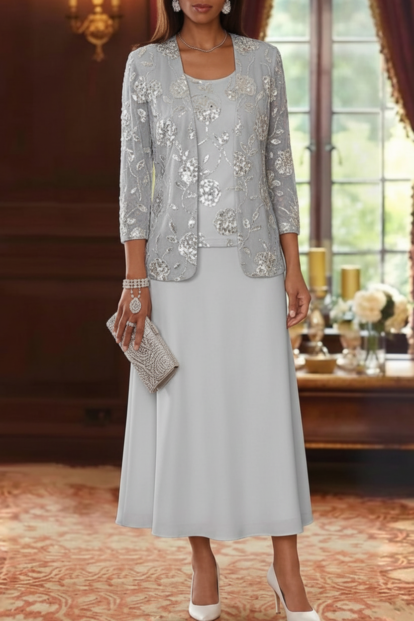 A-Line/Princess Scoop Chiffon Mother of the Bride Dresses with Jacket Sequins Tea-Length 3/4 Sleeves Floral