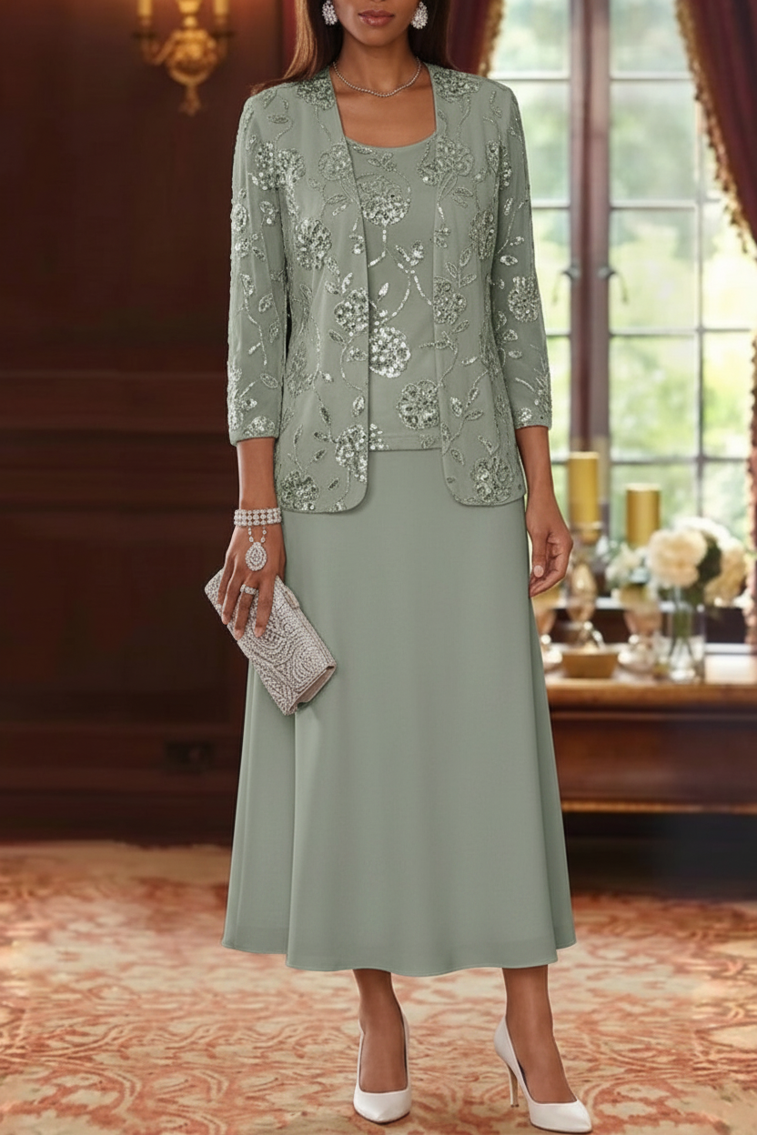 A-Line/Princess Scoop Chiffon Mother of the Bride Dresses with Jacket Sequins Tea-Length 3/4 Sleeves Floral