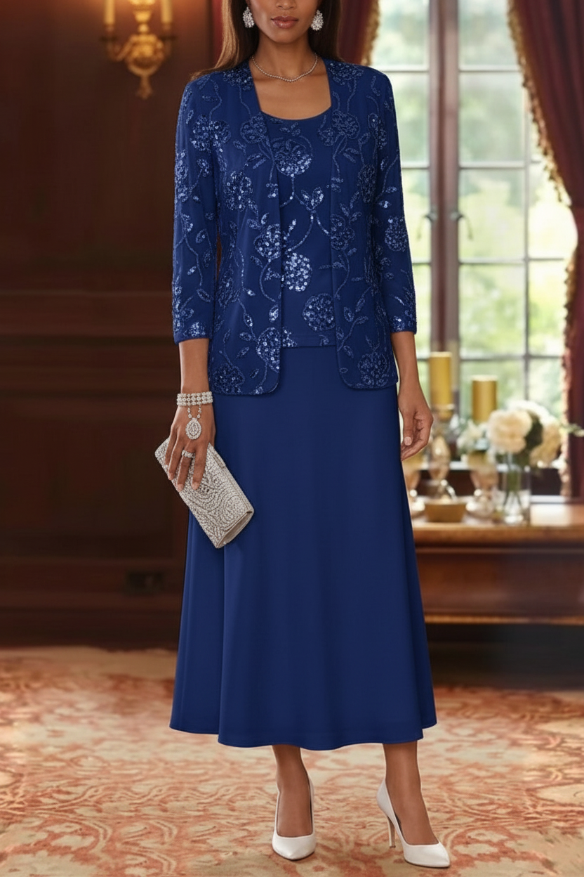 A-Line/Princess Scoop Chiffon Mother of the Bride Dresses with Jacket Sequins Tea-Length 3/4 Sleeves Floral