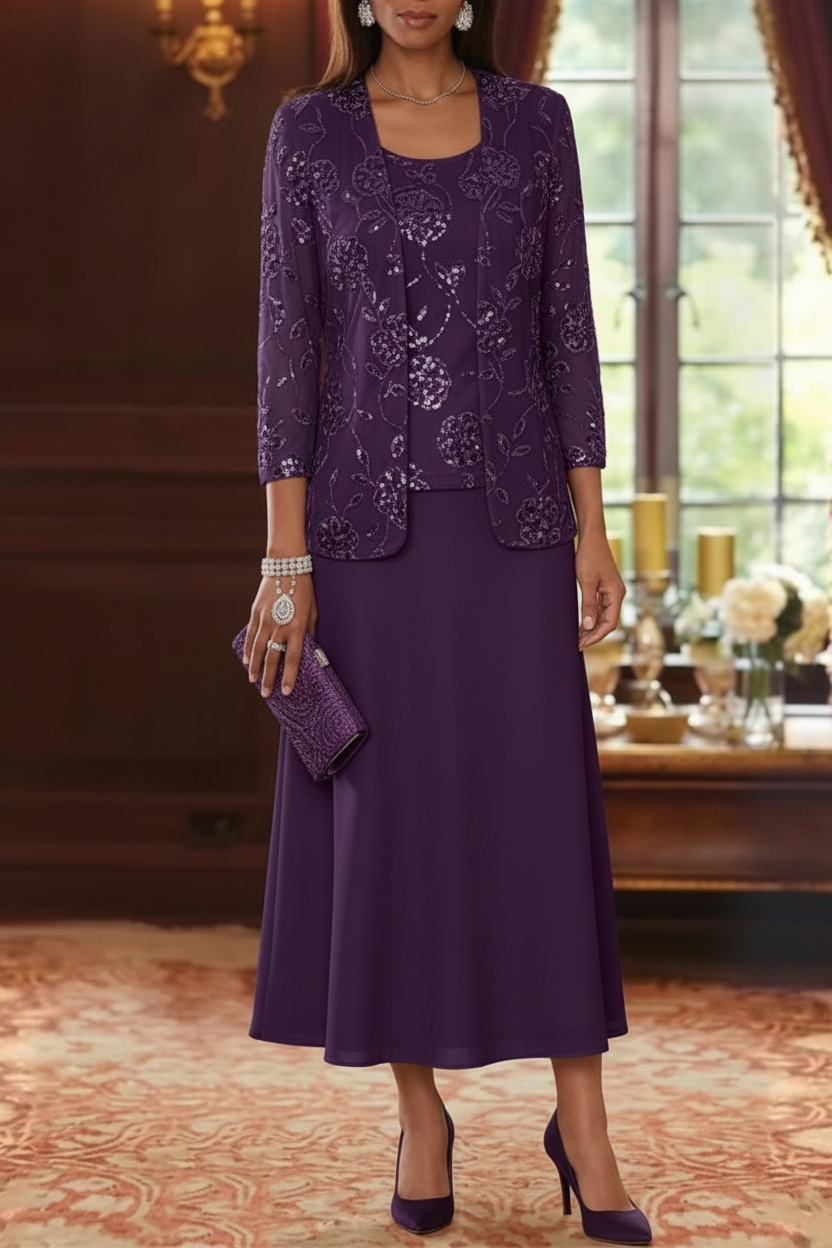 A-Line/Princess Scoop Chiffon Mother of the Bride Dresses with Jacket Sequins Tea-Length 3/4 Sleeves Floral