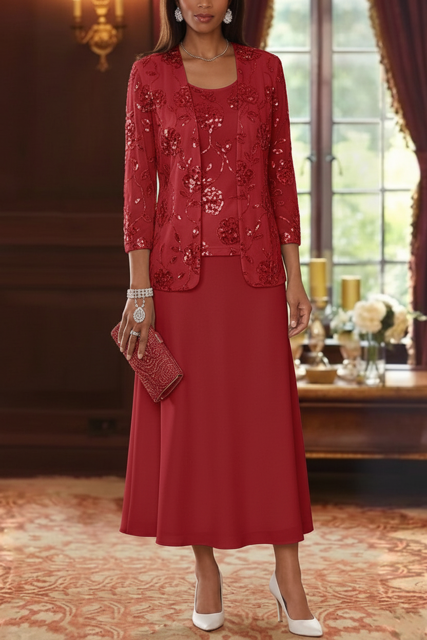 A-Line/Princess Scoop Chiffon Mother of the Bride Dresses with Jacket Sequins Tea-Length 3/4 Sleeves Floral