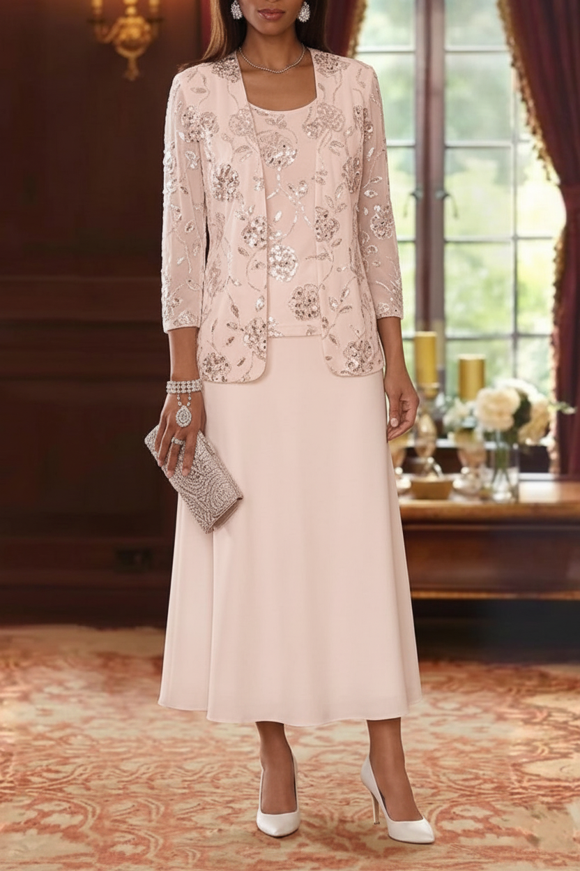 A-Line/Princess Scoop Chiffon Mother of the Bride Dresses with Jacket Sequins Tea-Length 3/4 Sleeves Floral