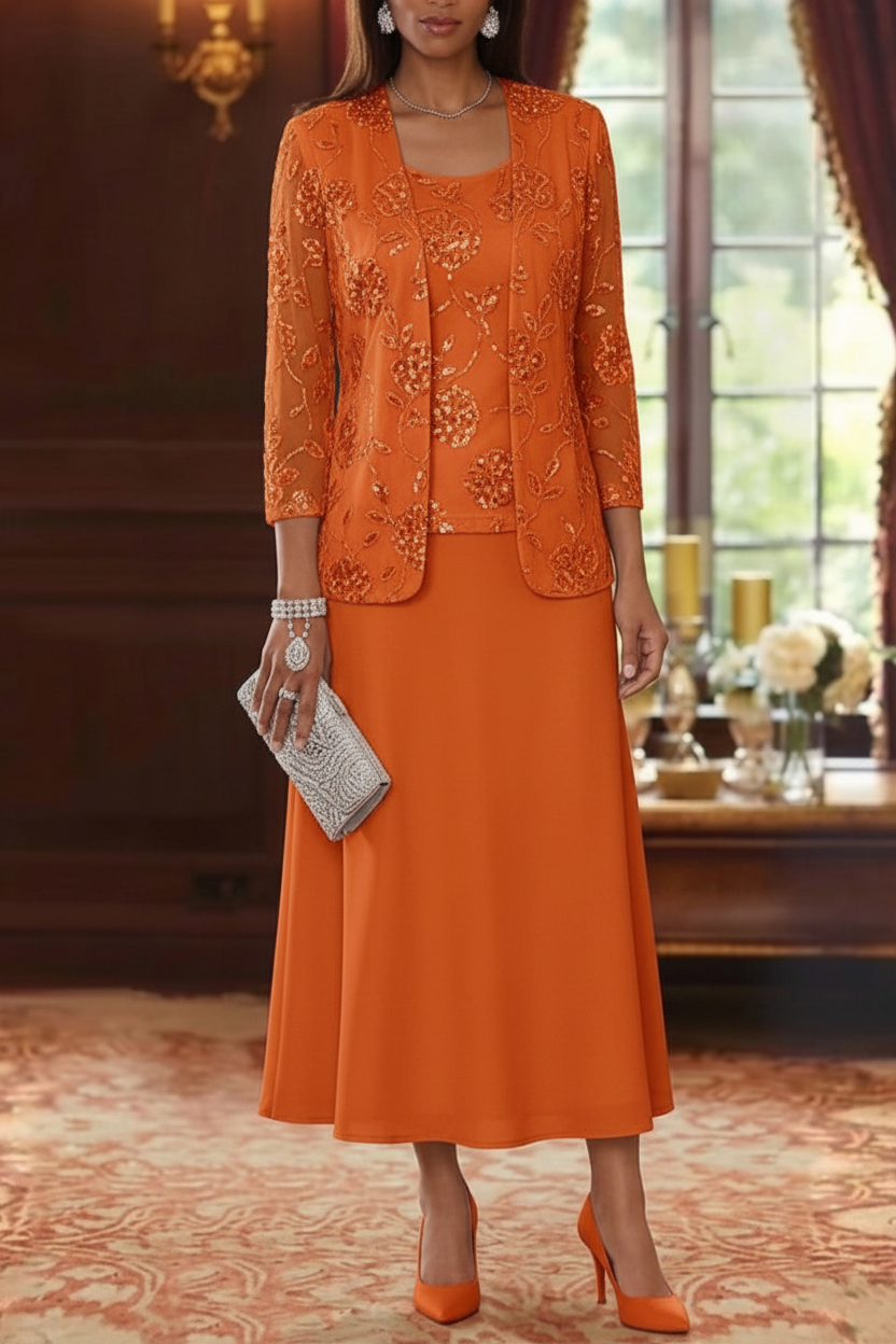 A-Line/Princess Scoop Chiffon Mother of the Bride Dresses with Jacket Sequins Tea-Length 3/4 Sleeves Floral