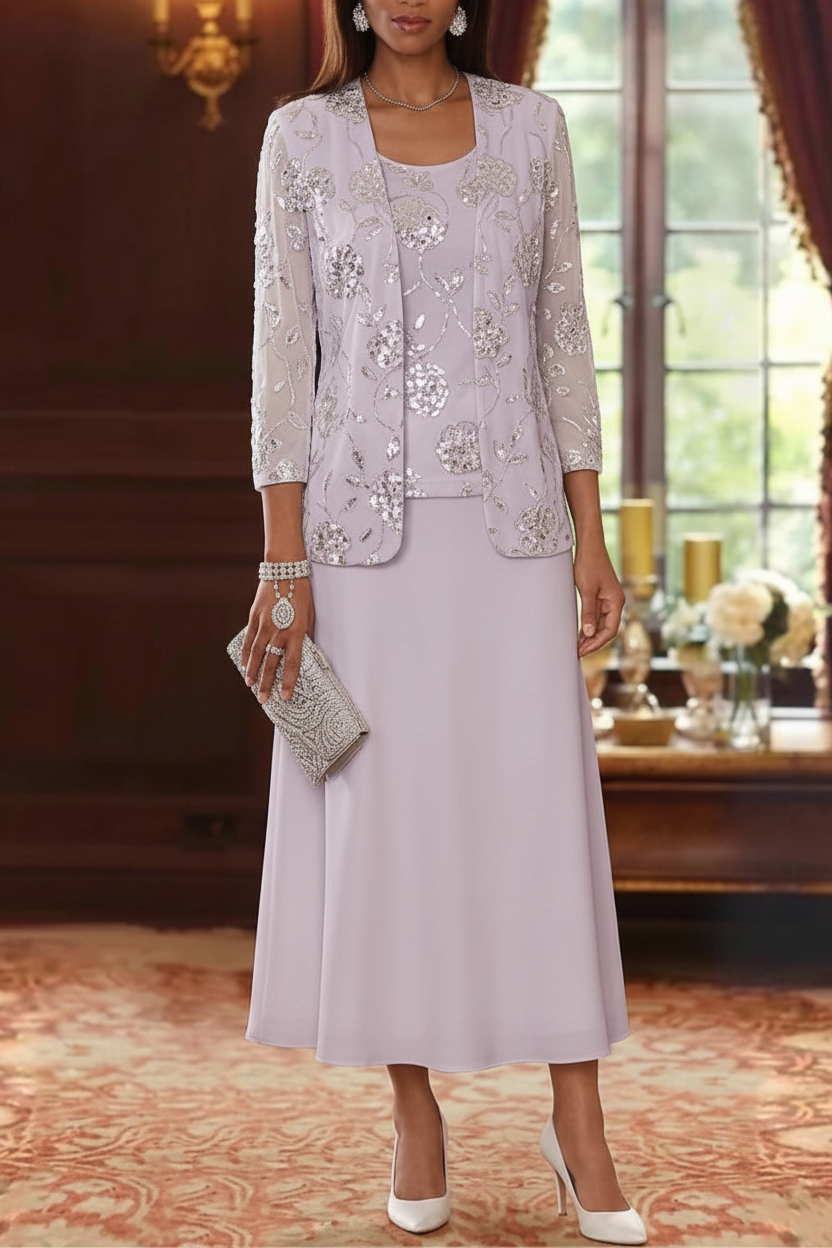 A-Line/Princess Scoop Chiffon Mother of the Bride Dresses with Jacket Sequins Tea-Length 3/4 Sleeves Floral