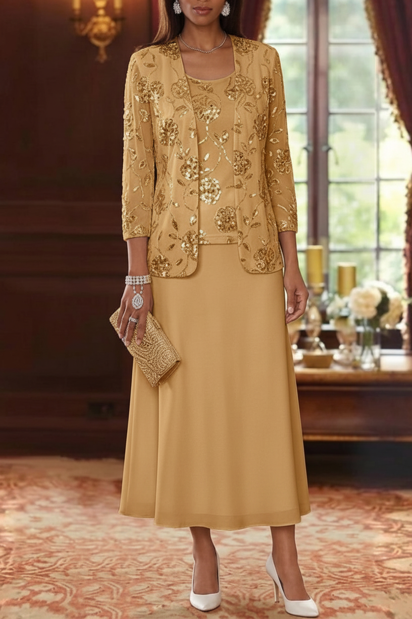 A-Line/Princess Scoop Chiffon Mother of the Bride Dresses with Jacket Sequins Tea-Length 3/4 Sleeves Floral