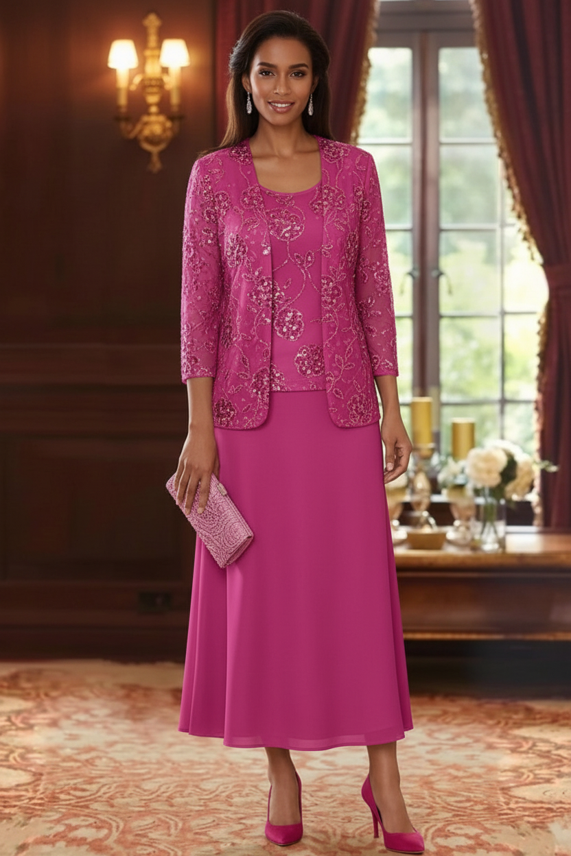 A-Line/Princess Scoop Chiffon Mother of the Bride Dresses with Jacket Sequins Tea-Length 3/4 Sleeves Floral