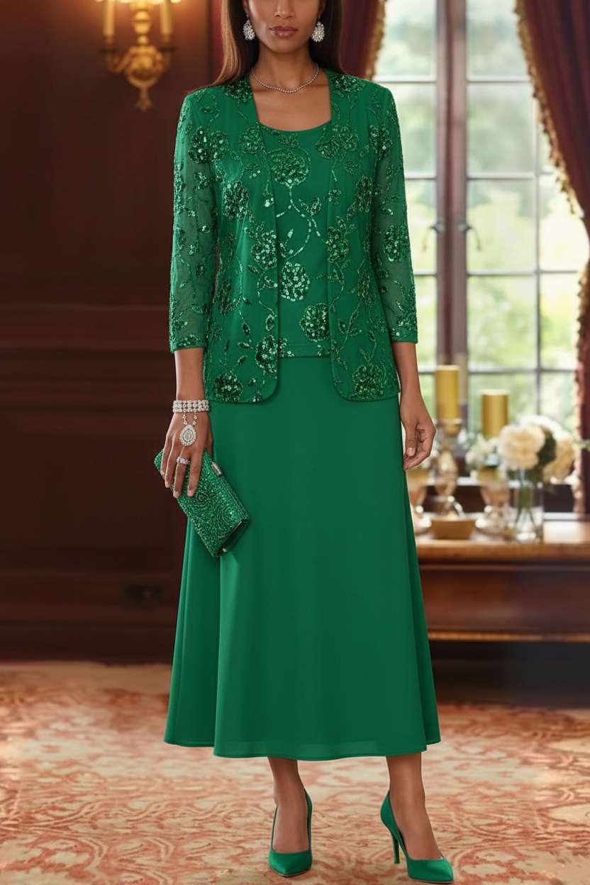 A-Line/Princess Scoop Chiffon Mother of the Bride Dresses with Jacket Sequins Tea-Length 3/4 Sleeves Floral