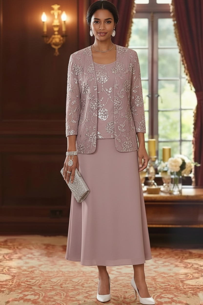 A-Line/Princess Scoop Chiffon Mother of the Bride Dresses with Jacket Sequins Tea-Length 3/4 Sleeves Floral
