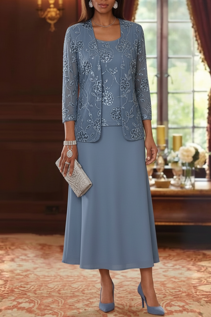 A-Line/Princess Scoop Chiffon Mother of the Bride Dresses with Jacket Sequins Tea-Length 3/4 Sleeves Floral