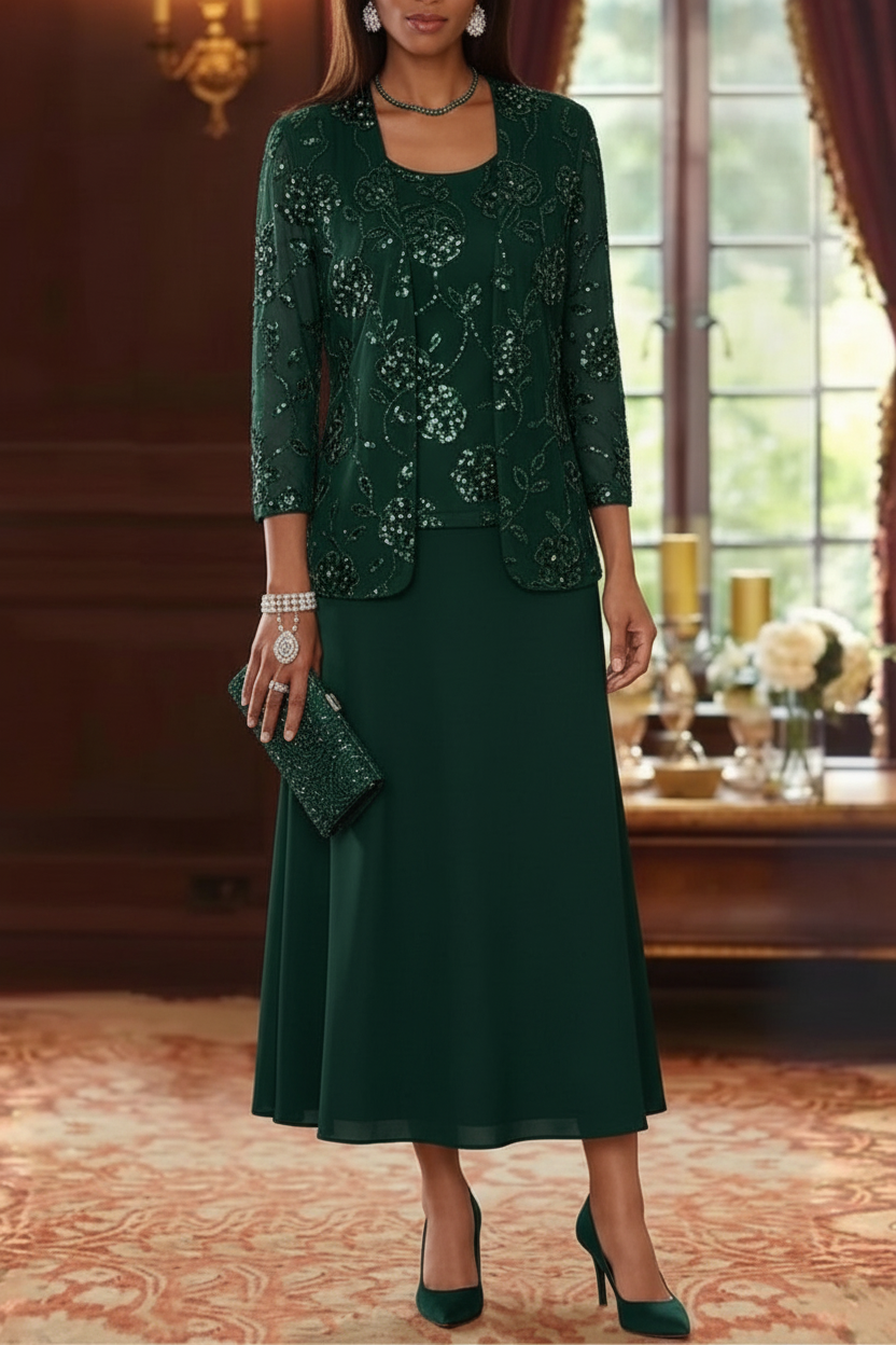 A-Line/Princess Scoop Chiffon Mother of the Bride Dresses with Jacket Sequins Tea-Length 3/4 Sleeves Floral