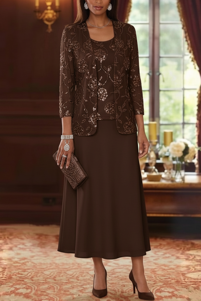 A-Line/Princess Scoop Chiffon Mother of the Bride Dresses with Jacket Sequins Tea-Length 3/4 Sleeves Floral