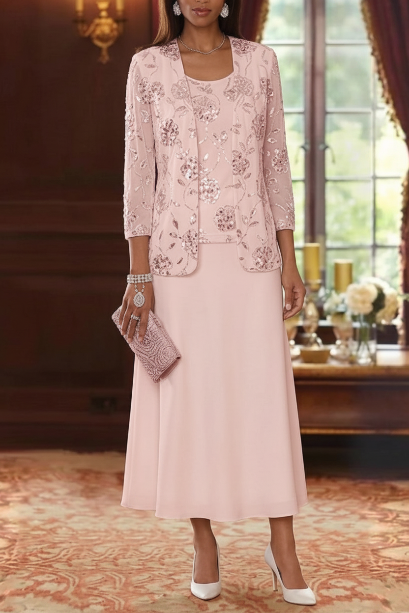 A-Line/Princess Scoop Chiffon Mother of the Bride Dresses with Jacket Sequins Tea-Length 3/4 Sleeves Floral